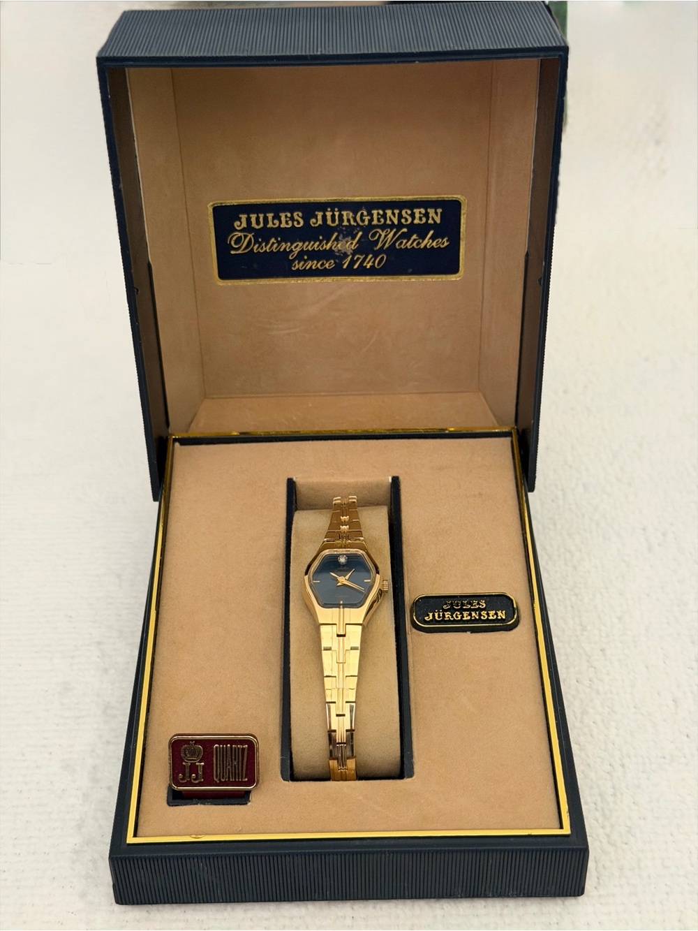 Vintage Jules Jurgensen Ladies Octagon Watch Blue Dial Diamond Case